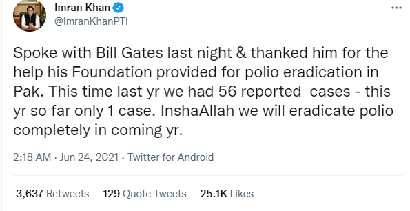 imran tweet about polio donation